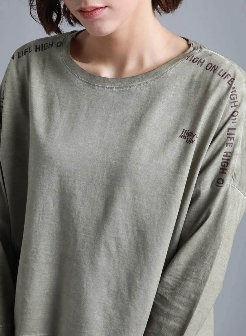 HIGH STAR Boxy Typography Printed Drop-Shoulder T-Shirt for Women
