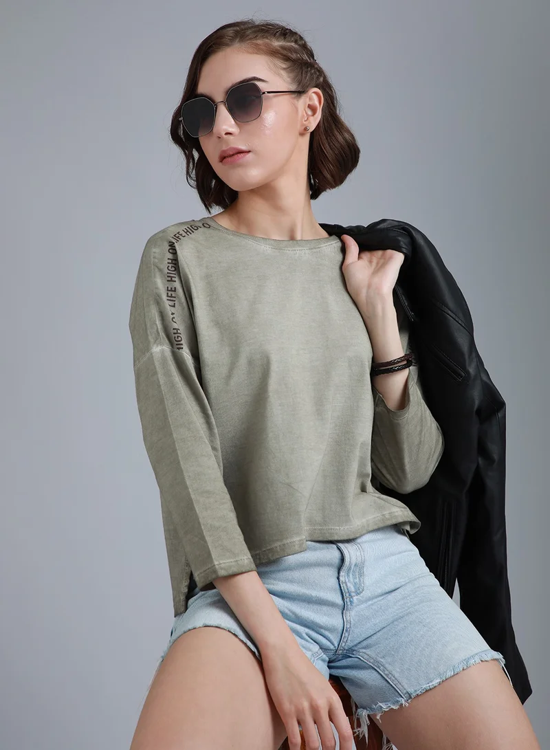 HIGH STAR Boxy Typography Printed Drop-Shoulder T-Shirt for Women