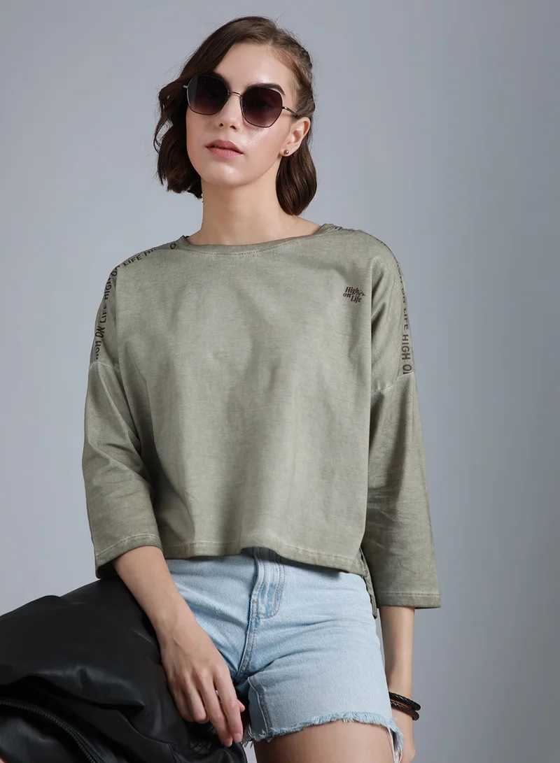 HIGH STAR Boxy Typography Printed Drop-Shoulder T-Shirt for Women