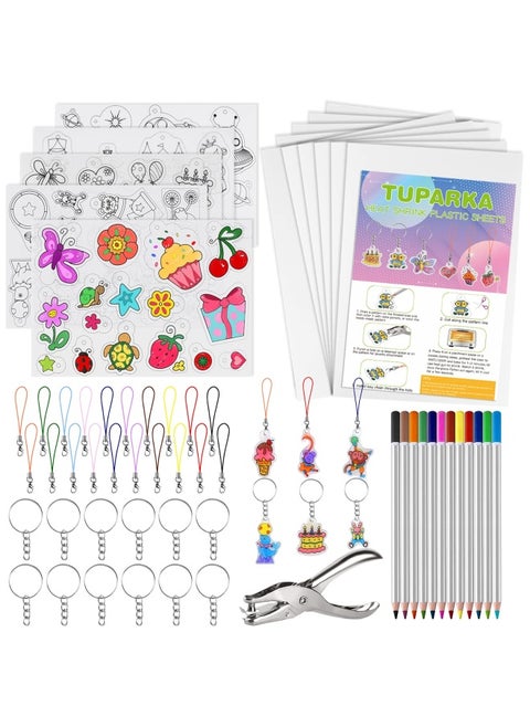60 Pieces Heat Shrink Plastic Sheet Kit Including 10 Pieces Blank Shrink Film and 5 Pieces Art Paper Shrink with Pattern Punching Keyring Pencils
