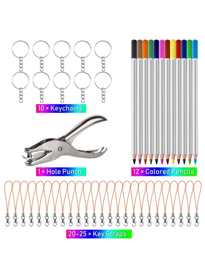 60 Pieces Heat Shrink Plastic Sheet Kit Including 10 Pieces Blank Shrink Film and 5 Pieces Art Paper Shrink with Pattern Punching Keyring Pencils