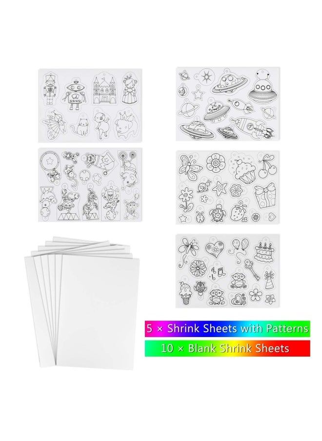 60 Pieces Heat Shrink Plastic Sheet Kit Including 10 Pieces Blank Shrink Film and 5 Pieces Art Paper Shrink with Pattern Punching Keyring Pencils