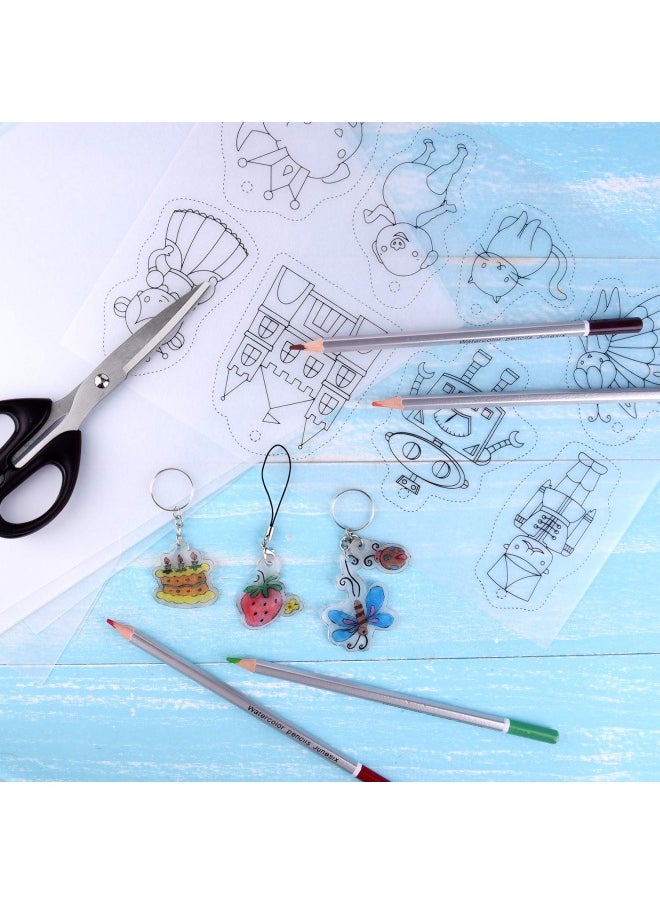 60 Pieces Heat Shrink Plastic Sheet Kit Including 10 Pieces Blank Shrink Film and 5 Pieces Art Paper Shrink with Pattern Punching Keyring Pencils