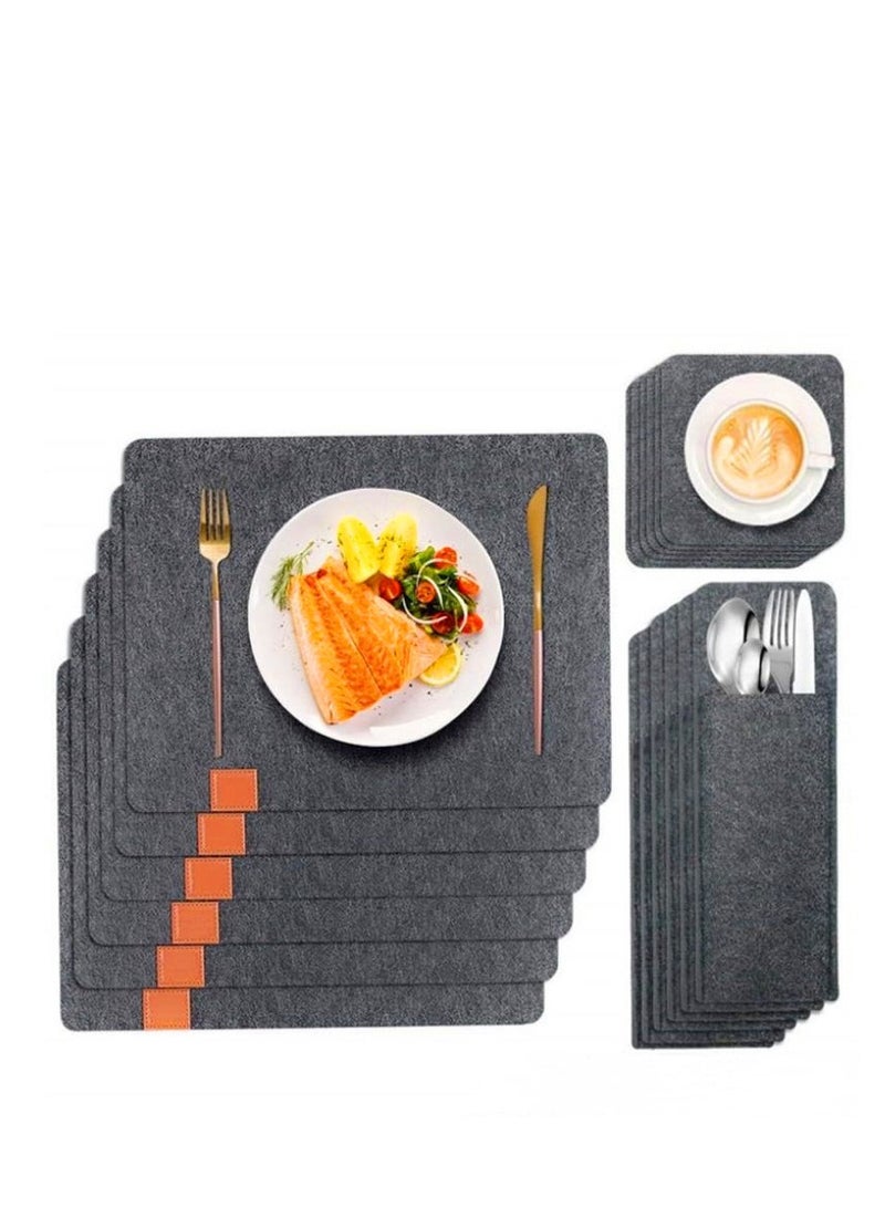 MIXDE Felt Placemats Coasters Cutlery Set, Heat-Resistant Non-Slip Table Place Mats for Home and Restaurant Washable Table Mats Set with 6 Placemats, 6 Coasters, and 6 Cutlery Bags(Deep Grey)  - Image 1