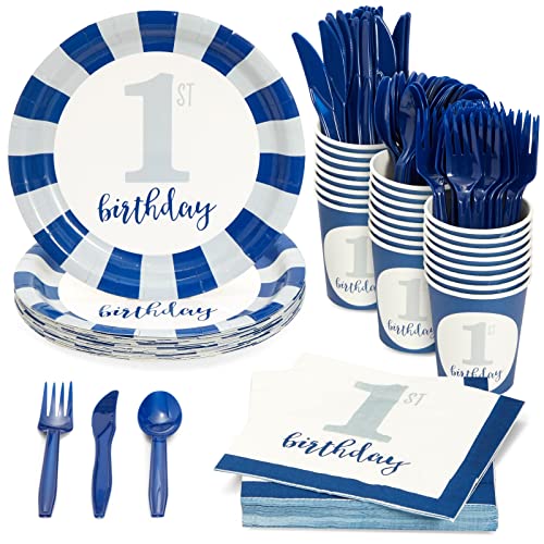 Juvale 144Piece 1st Birthday Decorations Boy Set Nautical Decor Disposable Nautical 1st Birthday Plates Napkins Party Supplies Complete OneYearOld Celebration Kit Blue White - Image 1