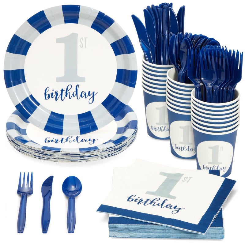 Juvale 144Piece 1st Birthday Decorations Boy Set Nautical Decor Disposable Nautical 1st Birthday Plates Napkins Party Supplies Complete OneYearOld Celebration Kit Blue White - Image 2