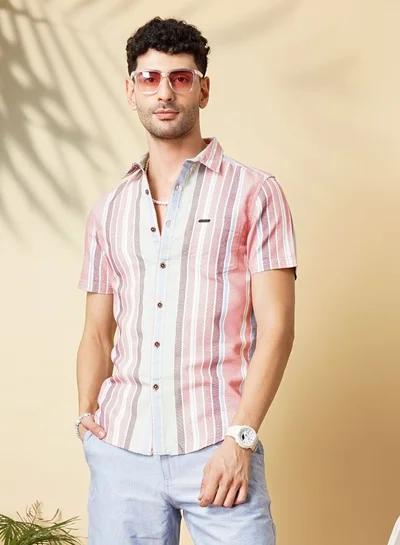 The Indian Garage Co Men Slim Fit Striped Half Sleeves Cutaway Collar Casual Shirt