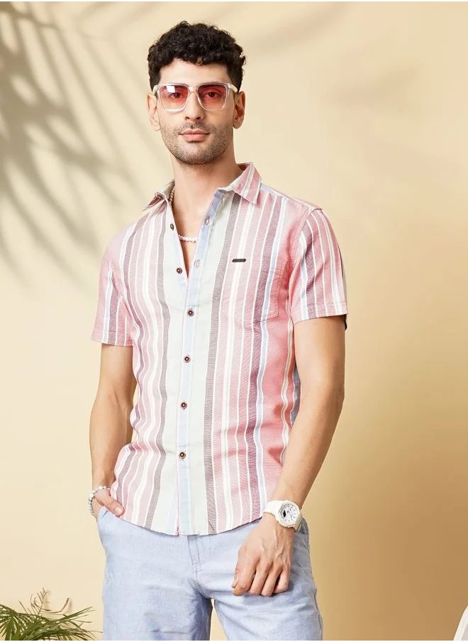 The Indian Garage Co Men Slim Fit Striped Half Sleeves Cutaway Collar Casual Shirt