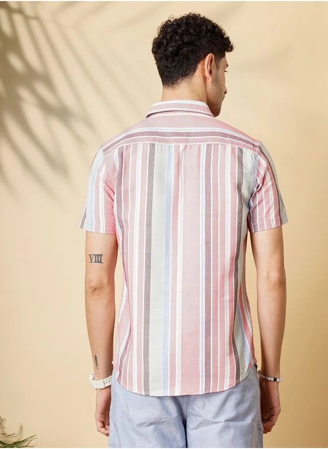 The Indian Garage Co Men Slim Fit Striped Half Sleeves Cutaway Collar Casual Shirt