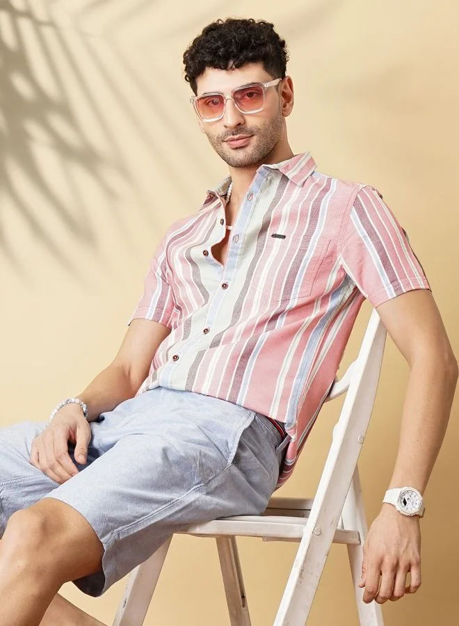 The Indian Garage Co Men Slim Fit Striped Half Sleeves Cutaway Collar Casual Shirt