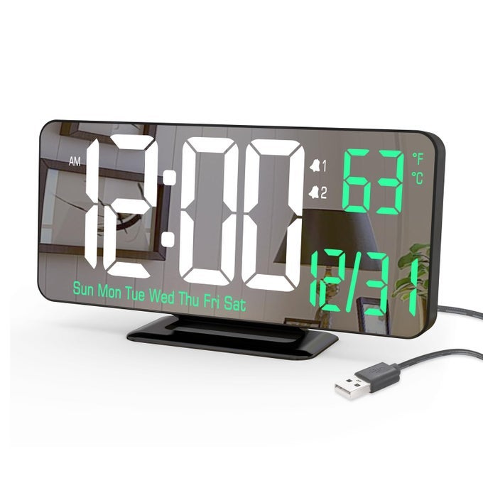 DESK CLOCK 67IN BLACK DIGITAL ALARM CLOCK WITH DUAL ALARM DIMMING DATE DAY OF WEEK TEMP 12H 24H DIGITAL LED CLOCK FOR TABLE DECOR DIGITAL CALENDAR MIRROR CLOCKS ESSENTIALS