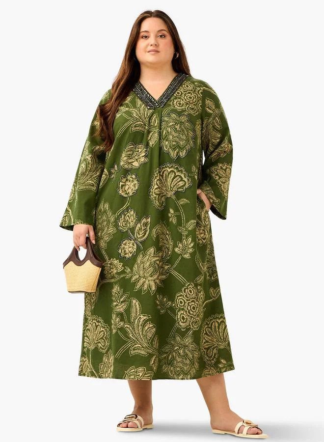  أولا بوبكن Plus Size Ulla Popken Floral Print Kaftan Dress with Neck Embellishment