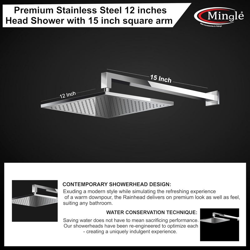 MINGLE Mirror Stainless Steel 304 Round Ultra Slim High Pressure Rainfall Shower Head for bathroom With Arm Shower (12 * 12_15 INCH ARM) - Image 4