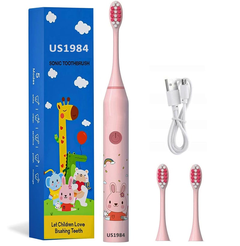 US1984 Sonic Electric Toothbrush for Kids with 5 Modes, 3 Brush Heads & Rechargeable Battery, Ultra Soft Nylon Bristles, IPX7 Waterproof, Electric Power Tooth brush (Pink) - Image 1