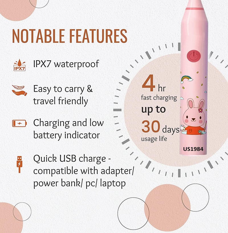 US1984 Sonic Electric Toothbrush for Kids with 5 Modes, 3 Brush Heads & Rechargeable Battery, Ultra Soft Nylon Bristles, IPX7 Waterproof, Electric Power Tooth brush (Pink) - Image 3