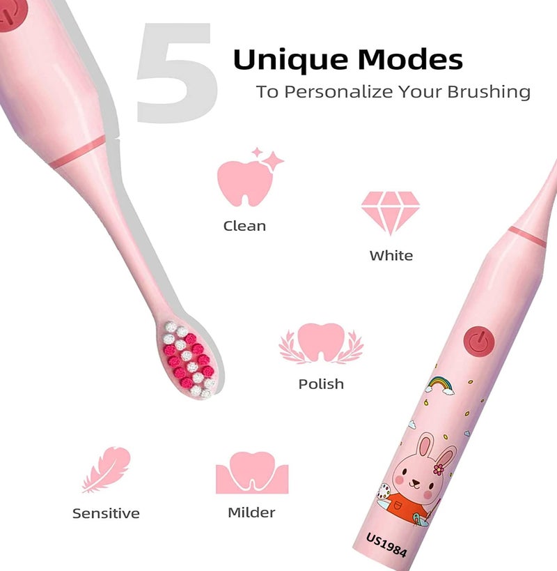 US1984 Sonic Electric Toothbrush for Kids with 5 Modes, 3 Brush Heads & Rechargeable Battery, Ultra Soft Nylon Bristles, IPX7 Waterproof, Electric Power Tooth brush (Pink) - Image 2