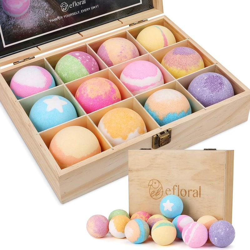 efloral 12pcs Bath Bombs Gift Set Retro Wooden Box 42oz Natural Fizzy Spa moisturizes dry skin Mixed Color Large Organic Relaxation Bubble Bath