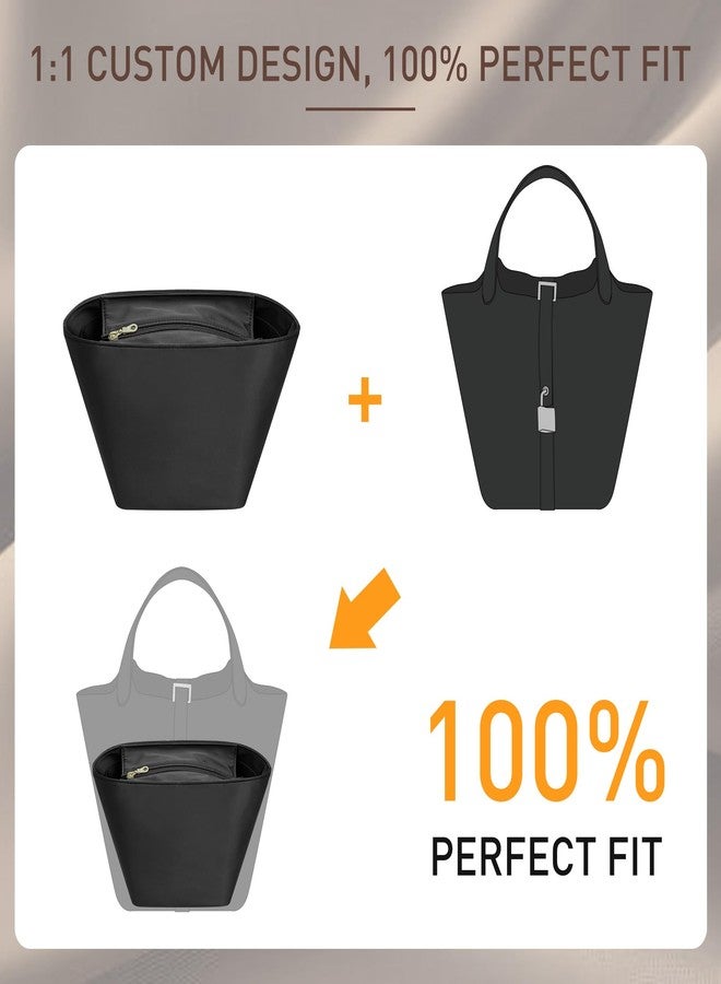 Doxo Satin Fabric Picotin 22 Bag Insert - Premium Purse Organizer for Picotin 22 with Zipper Closure and Keychain, Lightweight & Discreet Inner Liner, Fits Picotin 22 Luxury Totes(PC22, Black) - Image 3