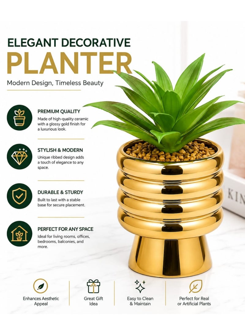 Artificial Plant in Gold Ceramic Pot | Faux Greenery Bush with Pebbles, Luxury Decorative Tabletop Plant for Living Room, Office, Home Decor & Coffee Table - Image 4