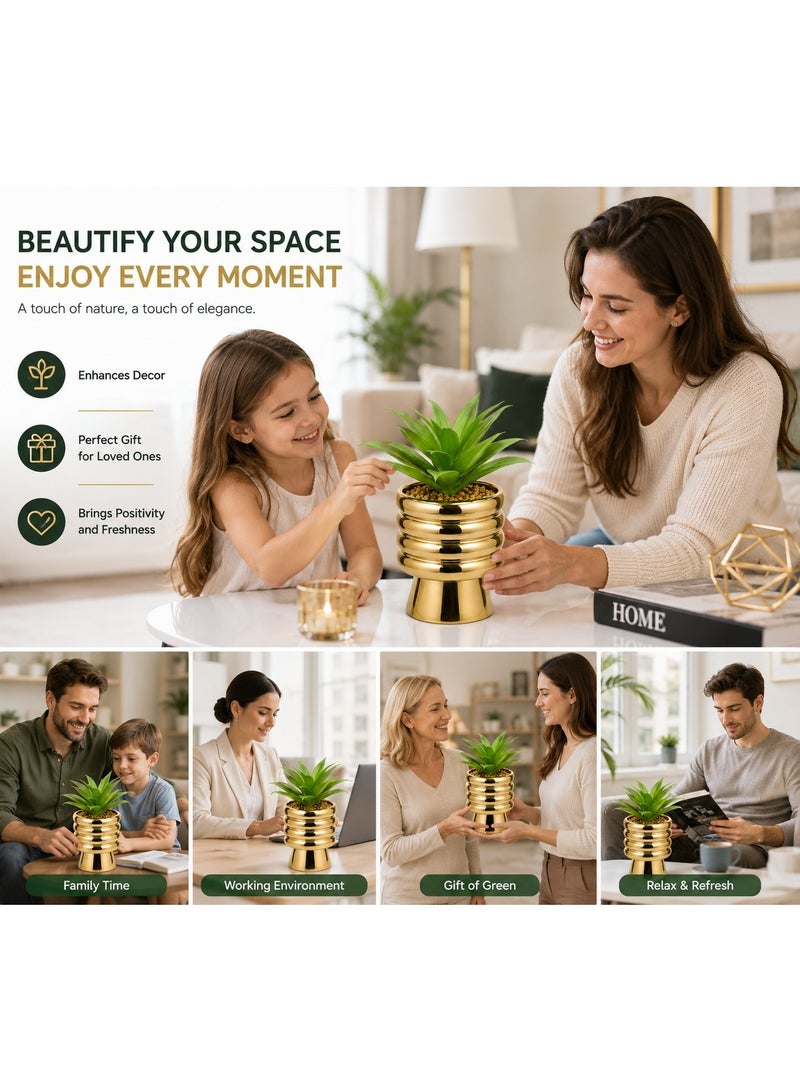 Artificial Plant in Gold Ceramic Pot | Faux Greenery Bush with Pebbles, Luxury Decorative Tabletop Plant for Living Room, Office, Home Decor & Coffee Table - Image 1