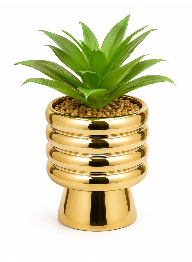 Artificial Plant in Gold Ceramic Pot | Faux Greenery Bush with Pebbles, Luxury Decorative Tabletop Plant for Living Room, Office, Home Decor & Coffee Table - Image 2
