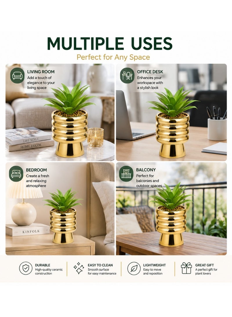Artificial Plant in Gold Ceramic Pot | Faux Greenery Bush with Pebbles, Luxury Decorative Tabletop Plant for Living Room, Office, Home Decor & Coffee Table - Image 3