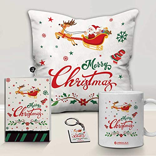 Jhingalala Jhingalala Merry Christmas Printed Cushion Mug Key Chain Greeting Card Combo Gift Pack Christmas Gifts for Women Christmas Gifts for Friends Christmas Gifts for Girls Christmas Gifts for Family - Image 1