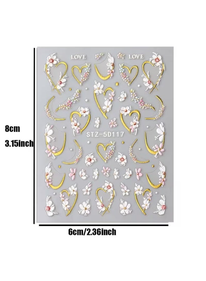 Goolsky ملصقات أظافر مزخرفة 5D على شكل زهور ملونة مع قلوب ذهبية وأوراق بتلات أكريليك مصممة على شكل bows لتزيين الأظافر في الصيف - Image 3