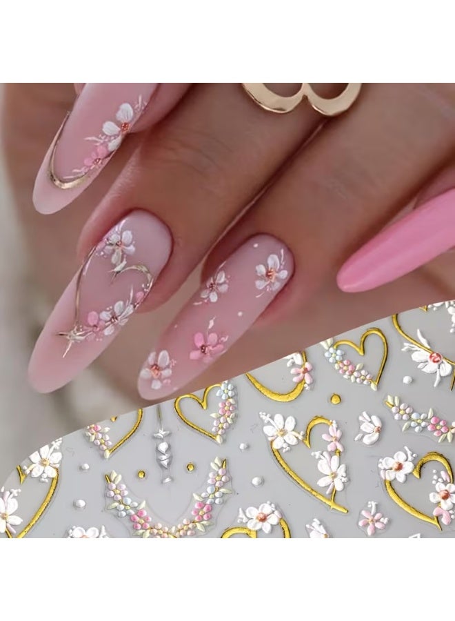 Goolsky ملصقات أظافر مزخرفة 5D على شكل زهور ملونة مع قلوب ذهبية وأوراق بتلات أكريليك مصممة على شكل bows لتزيين الأظافر في الصيف - Image 5