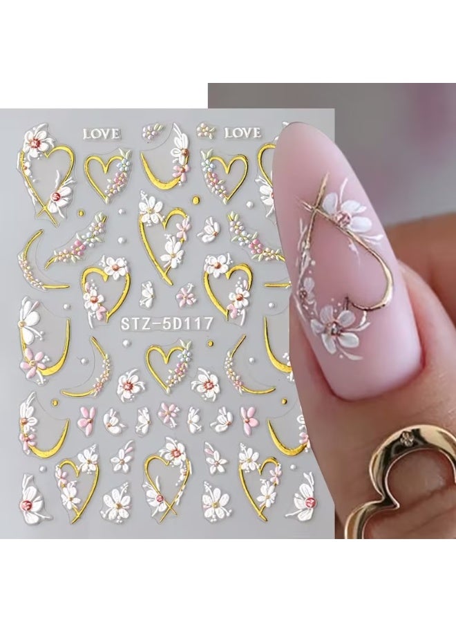 Goolsky ملصقات أظافر مزخرفة 5D على شكل زهور ملونة مع قلوب ذهبية وأوراق بتلات أكريليك مصممة على شكل bows لتزيين الأظافر في الصيف - Image 4