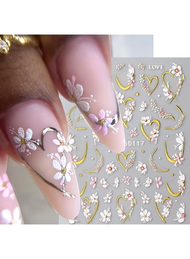 Goolsky ملصقات أظافر مزخرفة 5D على شكل زهور ملونة مع قلوب ذهبية وأوراق بتلات أكريليك مصممة على شكل bows لتزيين الأظافر في الصيف - Image 1