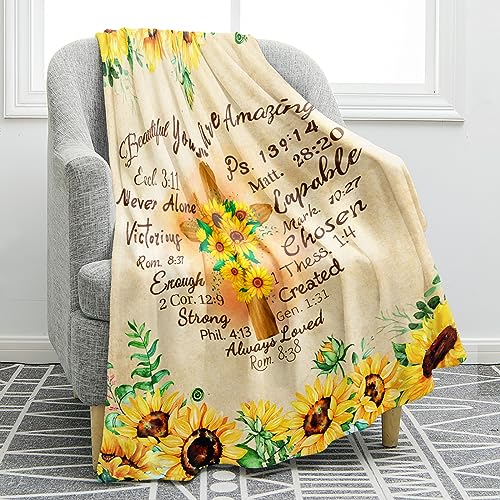 Jekeno Christian Sunflower Blanket Inspirational Religious Faith Gifts for Women Men Kids Girls Boys Birthday Christmas Halloween Presents Flower Floral Decor Plush Throw Blankets 50x60