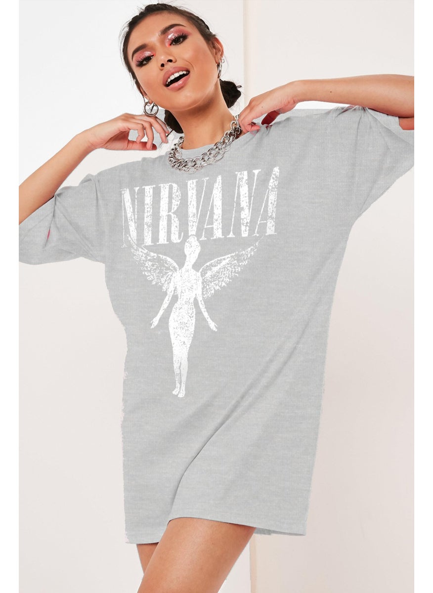 Rock&Roll - Angel Nirvana Gray Oversize Short Sleeve Women's T-Shirt - Image 1
