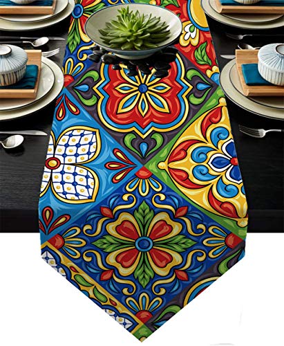 AILUER Mexican Talavera Ceramic Tile Pattern Linen Table Runners Dinner Table Setting Dresser Scarves Farmhouse Style for Party Holidays Home Kitchen Decoration (Mexican Talavera, 13"x 71") - Image 1