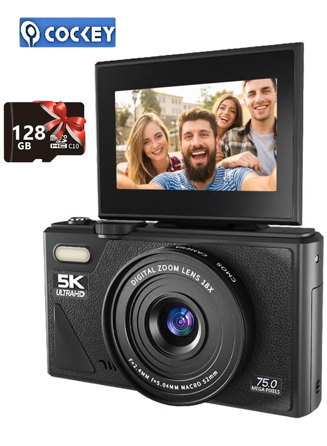 COCKEY Digital camera, 5K point and shooting digital camera, 75MP digital camera with 128GB SD card for photography and video, 3-inch flip screen video camera, 18x digital zoom camera, children, boys, girls - Image 1