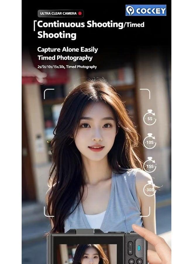 COCKEY Digital camera, 5K point and shooting digital camera, 75MP digital camera with 128GB SD card for photography and video, 3-inch flip screen video camera, 18x digital zoom camera, children, boys, girls - Image 3