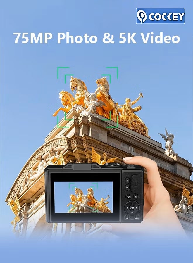 COCKEY Digital camera, 5K point and shooting digital camera, 75MP digital camera with 128GB SD card for photography and video, 3-inch flip screen video camera, 18x digital zoom camera, children, boys, girls - Image 5