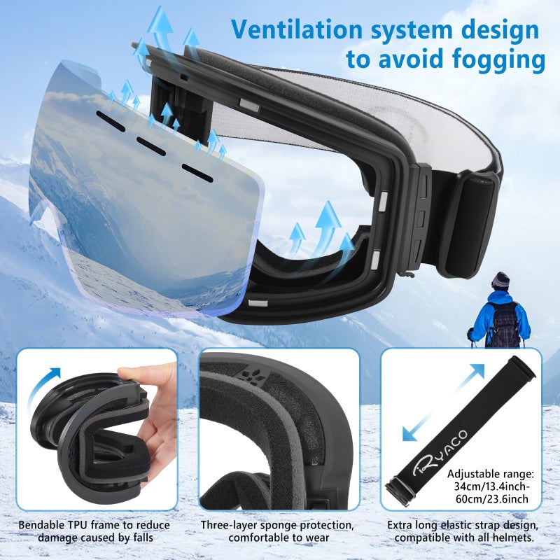 Ryaco Magnetic Lens Ski Goggles Snowboard Goggles, Replaceable Double-layer High-definition Lens, Anti Fog OTG, UV Protection, Snow Sports Goggles for Men, Women, Youth, Adult, Silver - Image 2
