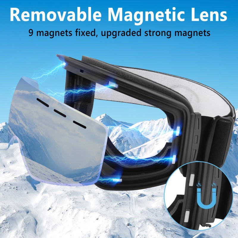 Ryaco Magnetic Lens Ski Goggles Snowboard Goggles, Replaceable Double-layer High-definition Lens, Anti Fog OTG, UV Protection, Snow Sports Goggles for Men, Women, Youth, Adult, Silver - Image 5
