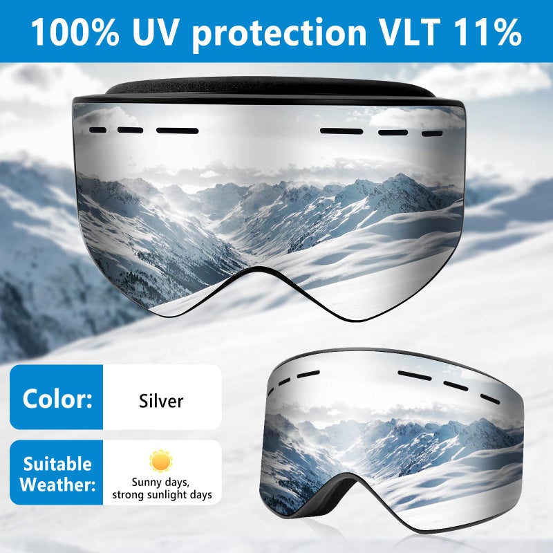 Ryaco Magnetic Lens Ski Goggles Snowboard Goggles, Replaceable Double-layer High-definition Lens, Anti Fog OTG, UV Protection, Snow Sports Goggles for Men, Women, Youth, Adult, Silver - Image 3