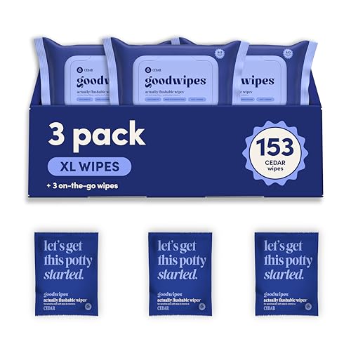 goodwipes Flushable Wipes - Cedar Wet Wipes for Adults, Sewer & Septic Safe, Guest Bathroom Essentials for Women & Men, pH Balanced & Extra Large, 153 Count (3 Packs and 3 Singles) - Image 1
