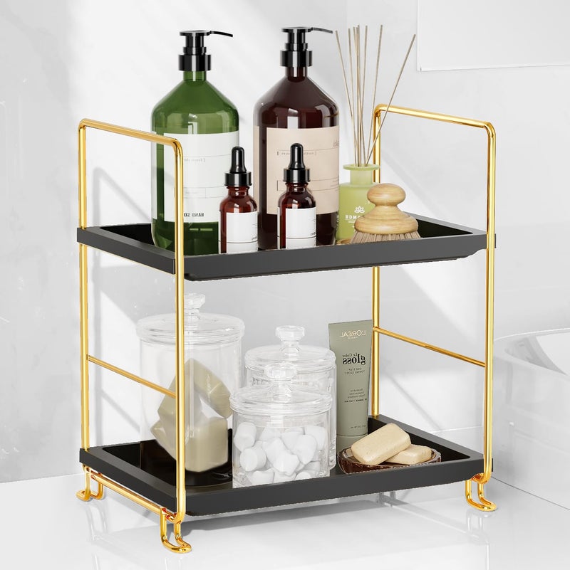 FSyueyun FSyueyun 2Tier Bathroom Countertop Organizer ToolLess Installation Premium Plastics Makeup Shelf Organizer Perfume Skincare for Dresser Vanity Tray Organizers and Storage Gold  Black 