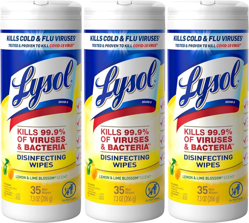 Lysol Disinfectant Wipes, Multi-Surface Antibacterial Cleaning Wipes, Dorm Room Essentials For Disinfecting and Cleaning, Lemon and Lime Blossom, 35 Count (Pack of 3) - Image 1