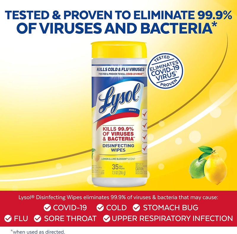 Lysol Disinfectant Wipes, Multi-Surface Antibacterial Cleaning Wipes, Dorm Room Essentials For Disinfecting and Cleaning, Lemon and Lime Blossom, 35 Count (Pack of 3) - Image 2