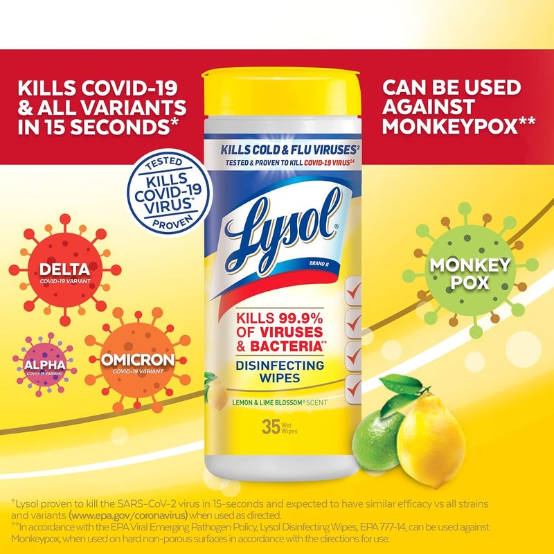 Lysol Disinfectant Wipes, Multi-Surface Antibacterial Cleaning Wipes, Dorm Room Essentials For Disinfecting and Cleaning, Lemon and Lime Blossom, 35 Count (Pack of 3) - Image 4