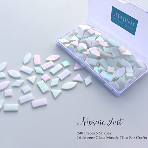 LITMIND Iridescent Glass Mosaic Tiles for Crafts, 240 Pieces 5 Shapes Mixed Stained Glass Sheets, Mosaic Kits for Adults (Iridescent White) - Image 3