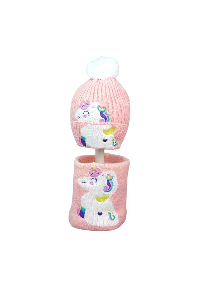 LITTLE SURPRISE BOX 2Pcs Peach Unicorn Themed Beanie Winter Cap With Matching Neck Cuff Style Muffler For Kids