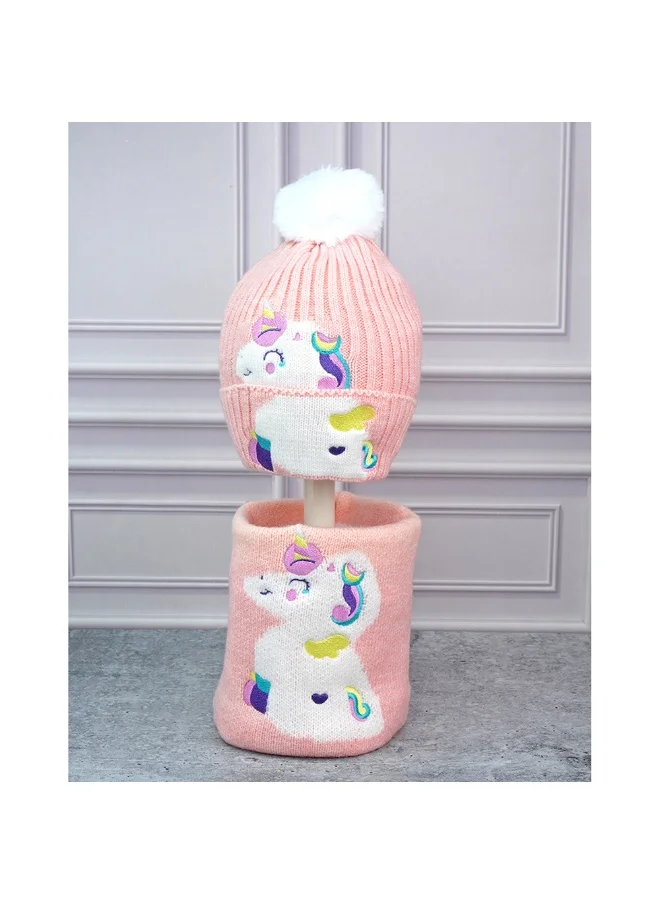 LITTLE SURPRISE BOX 2Pcs Peach Unicorn Themed Beanie Winter Cap With Matching Neck Cuff Style Muffler For Kids