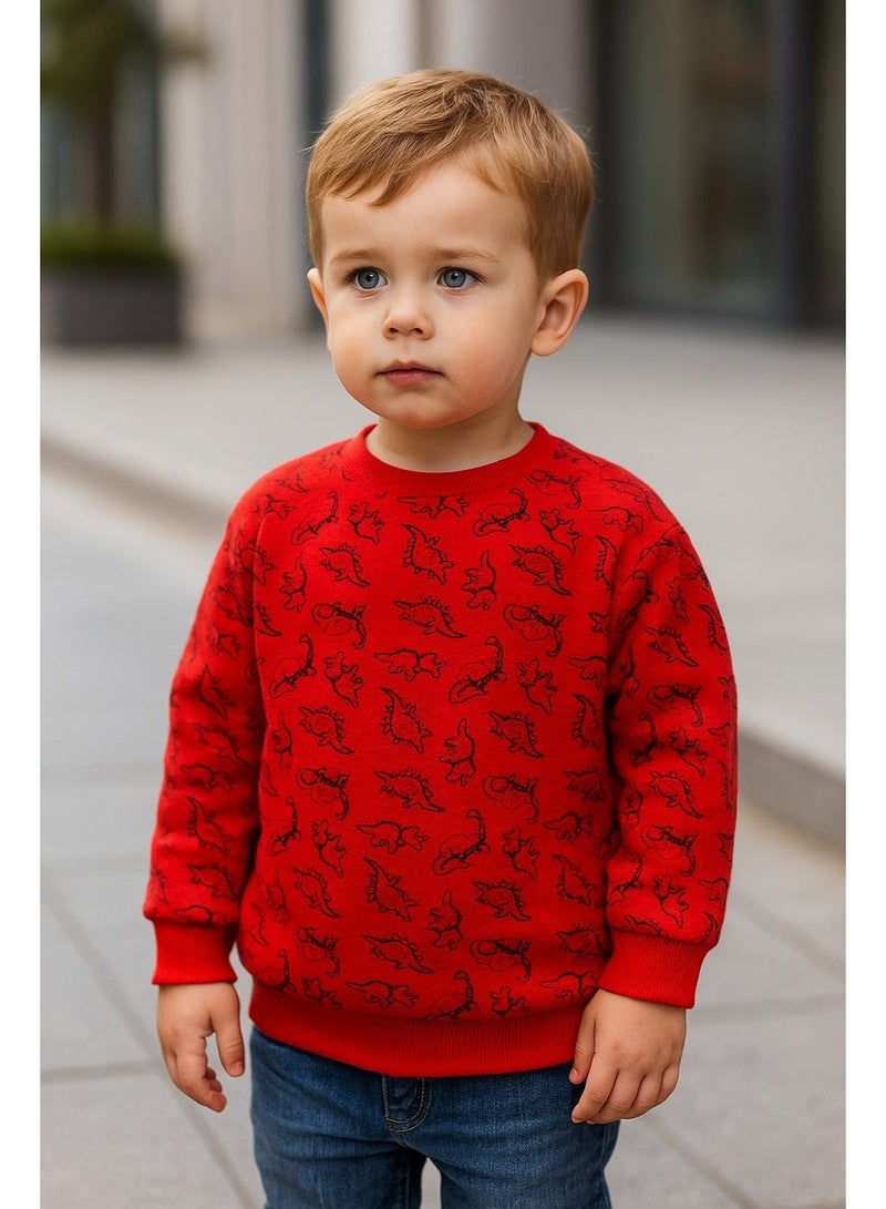 Sinsay سويتشيرت أطفال أولادي باللون الأحمر برسومات ديناصورات، خامة ناعمة ودافئة ومريحة للمدرسة والخروجات. - Image 3