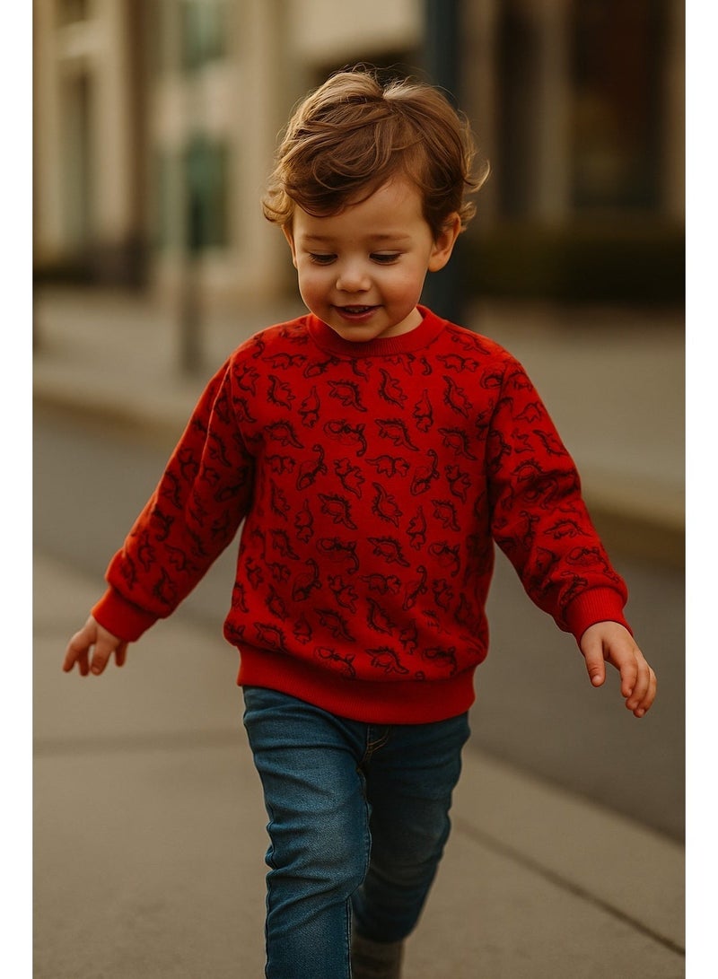 Sinsay سويتشيرت أطفال أولادي باللون الأحمر برسومات ديناصورات، خامة ناعمة ودافئة ومريحة للمدرسة والخروجات. - Image 1